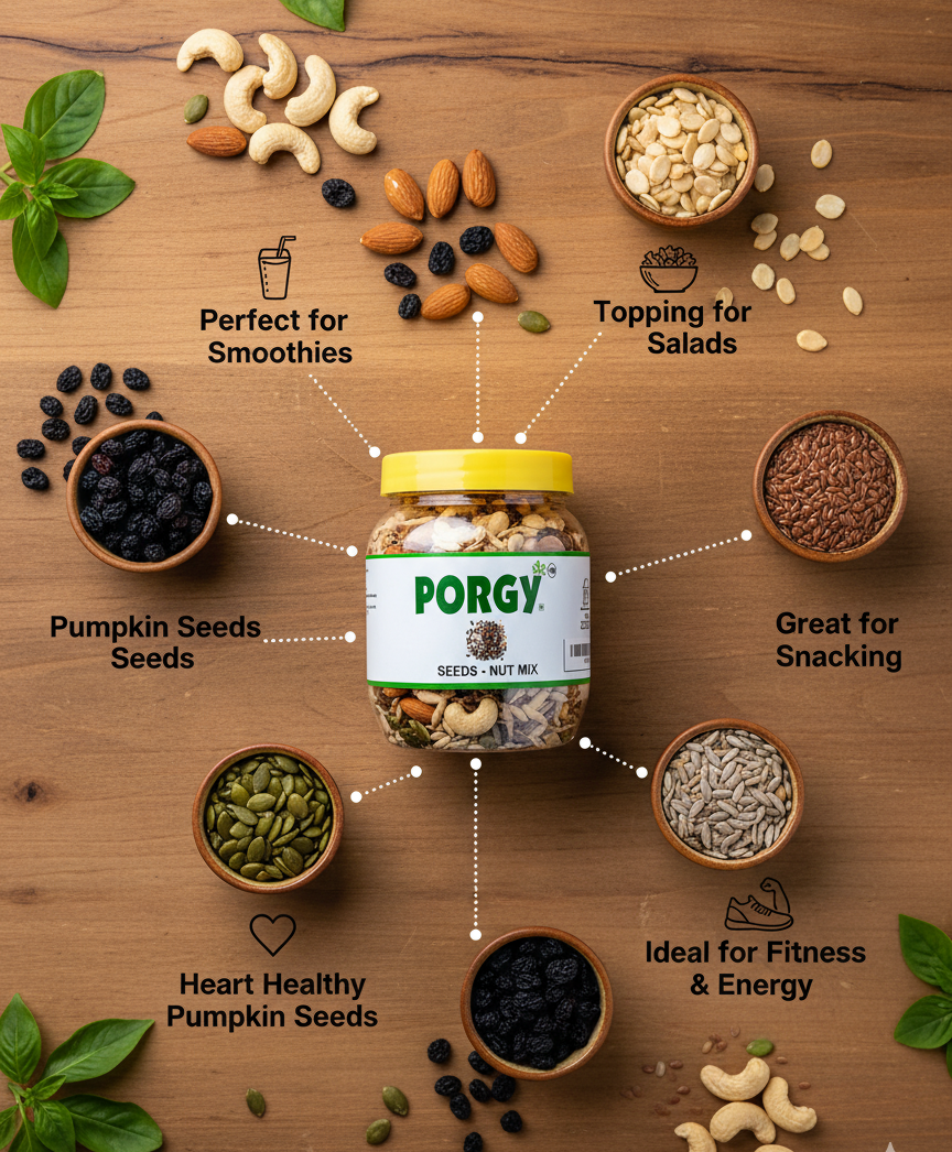 PORGY Seeds & Nut Mix – 400g Cashews, Almonds, Black Raisins, Kharbuja, Pumpkin, Flax, Sunflower