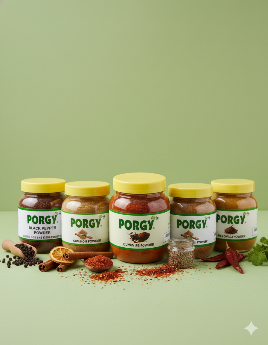 PORGY Complete Masala Powder Combo – 750g Dhaniya, Red Chilli, Cinnamon, Cumin, Black Pepper, Red Chilli Kuta