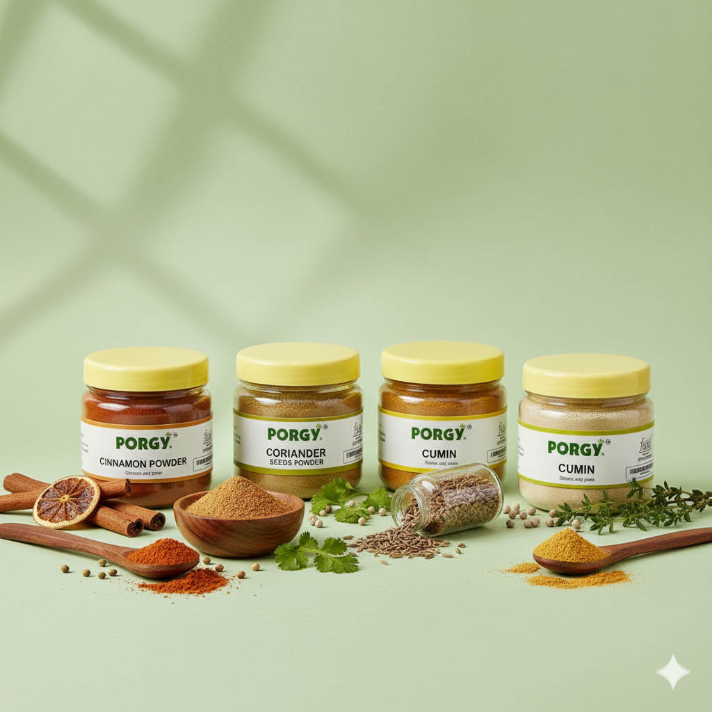 PORGY Everyday Spice Powder Combo – 500g Dhaniya, Cinnamon, Cumin, White Pepper
