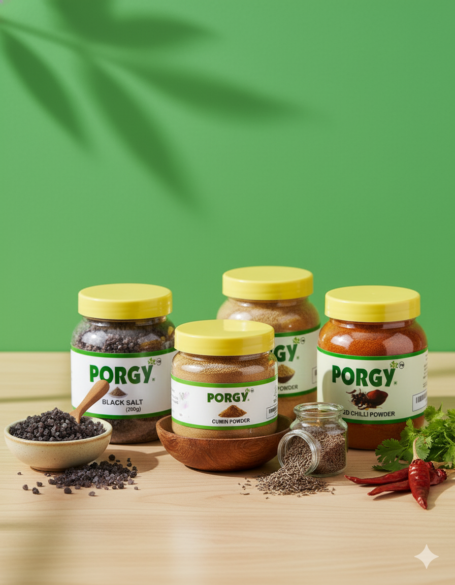 PORGY Indian Cooking Essentials Combo – 800g Dhaniya, Cumin, Red Chilli, Black Salt