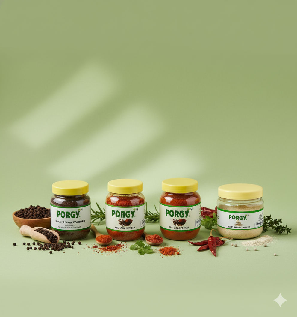 PORGY Pepper & Chilli Spice Combo – 600g Black Pepper, White Pepper, Red Chilli Powder, Red Chilli Kuta