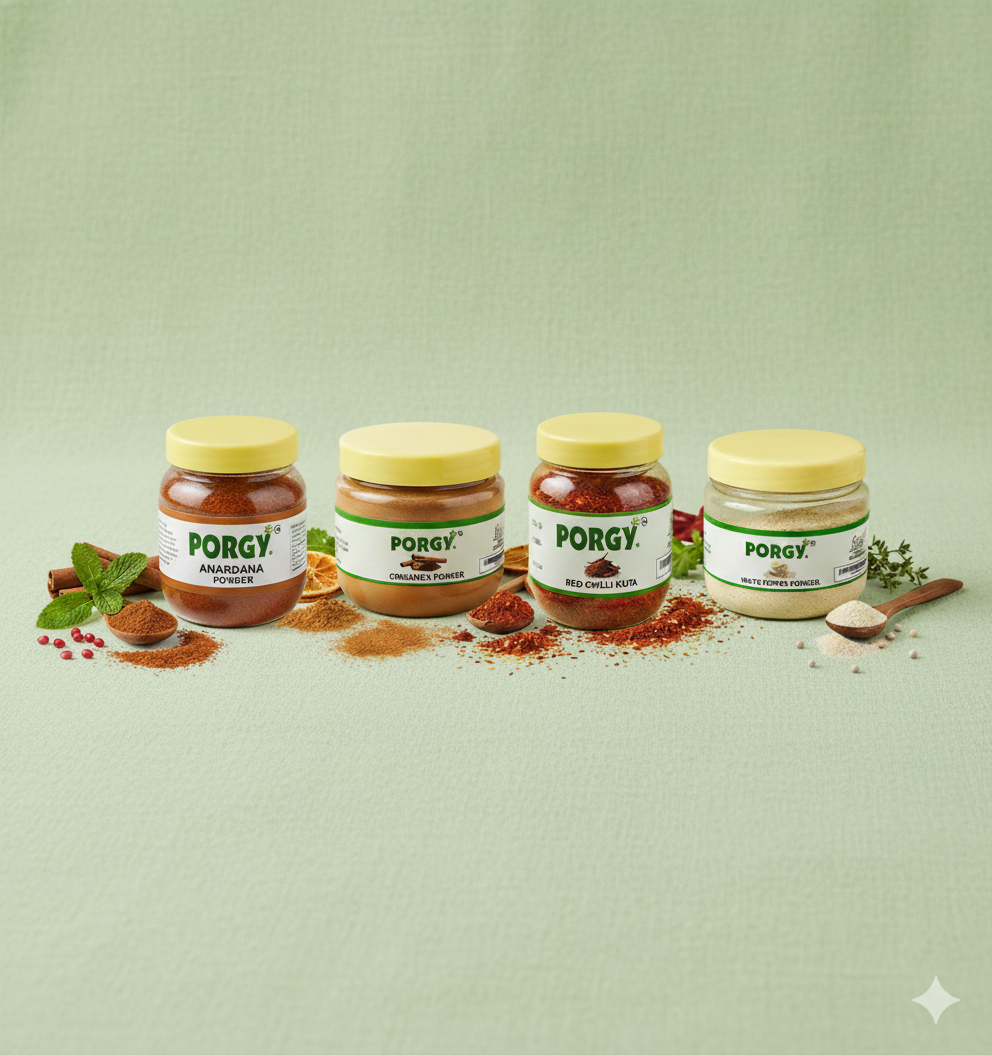 PORGY Premium Spice Powder Combo – 500g Anardana, Cinnamon, Red Chilli Kuta, White Pepper