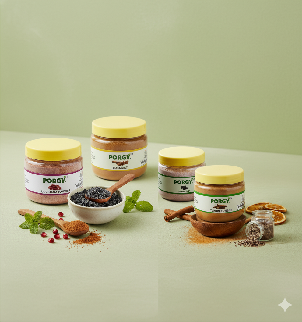 PORGY Spice Essentials Combo – 650g Anardana, Cumin Powder, Red Chilli Powder, Black Salt