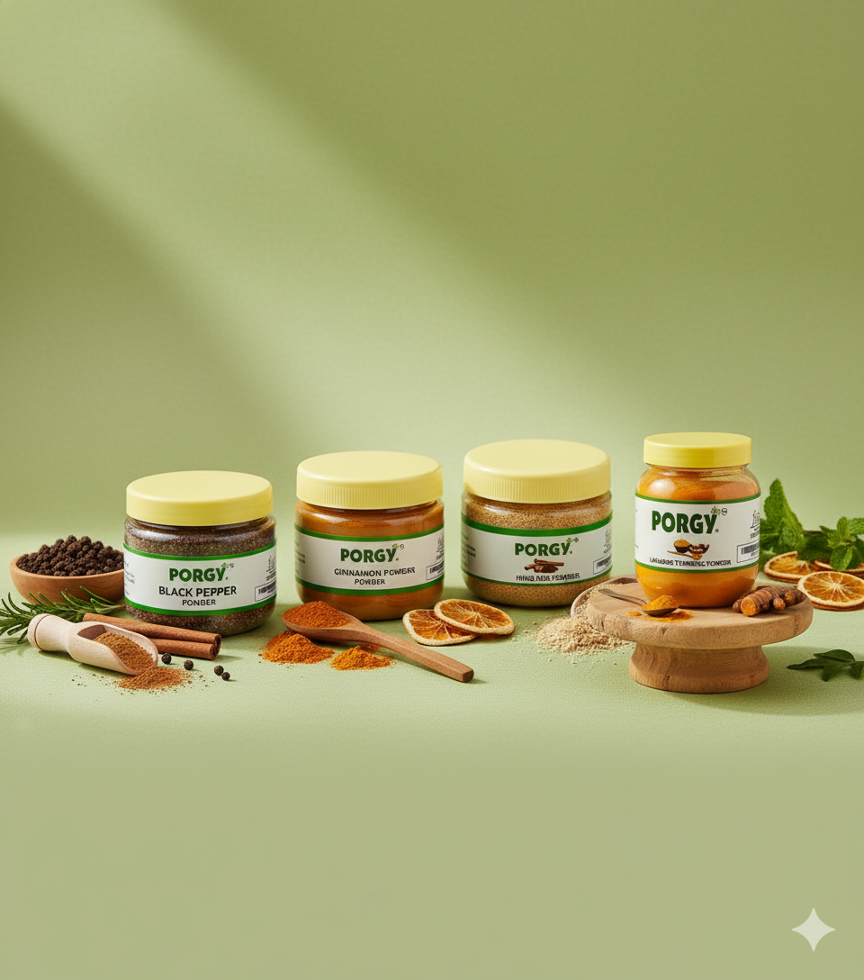 PORGY Spice Wellness & Aroma Combo – 450g Cinnamon, Black Pepper, Lakadong Turmeric, Hing