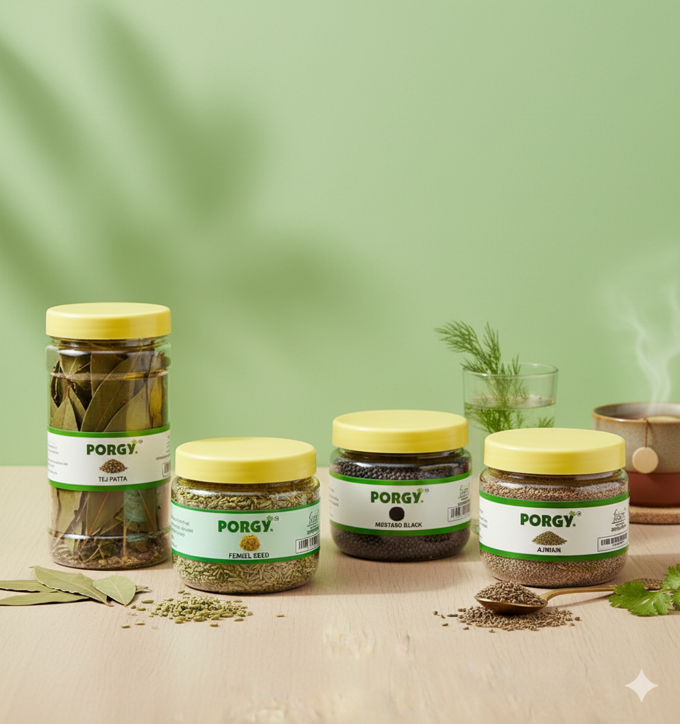 PORGY Spice Combo – 400g Ajwain, Black Mustard, Fennel Seeds, Bay Leaf