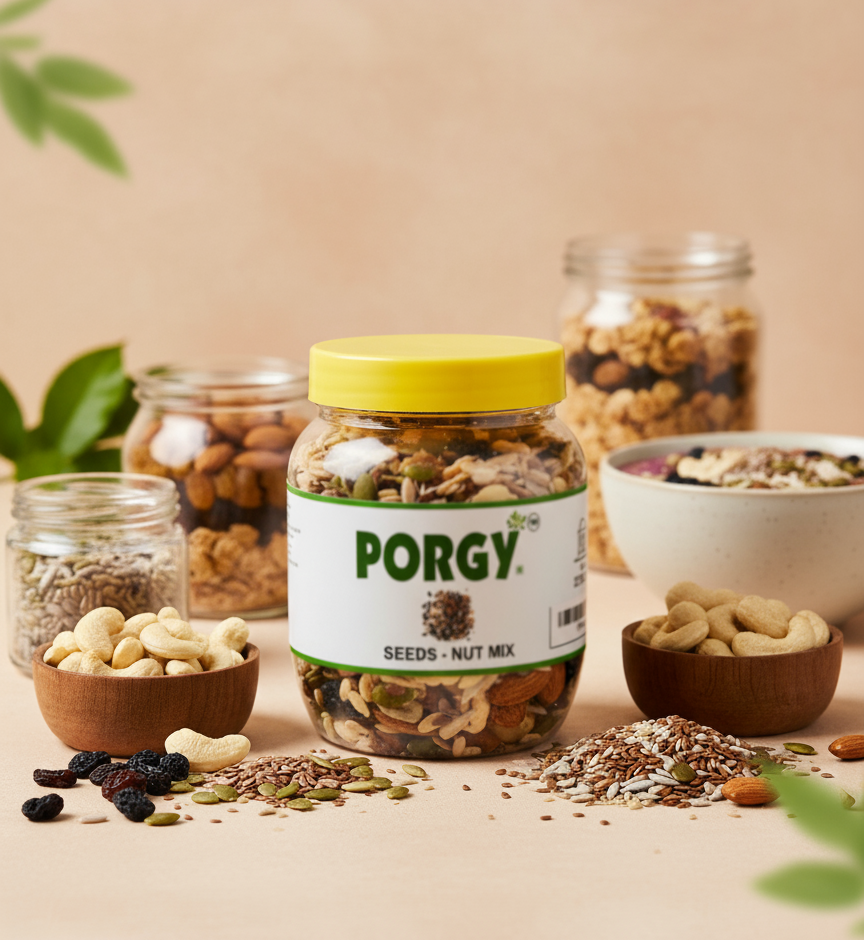 PORGY Seeds & Nut Mix – 400g Cashews, Almonds, Black Raisins, Kharbuja, Pumpkin, Flax, Sunflower