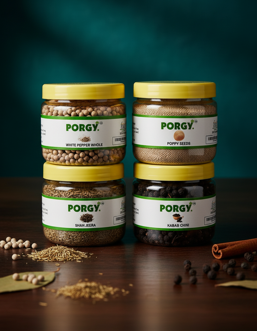 PORGY Exotic Spice & Seed Combo – 320g White Pepper, Poppy Seeds, Shah Jeera, Kabab Chini