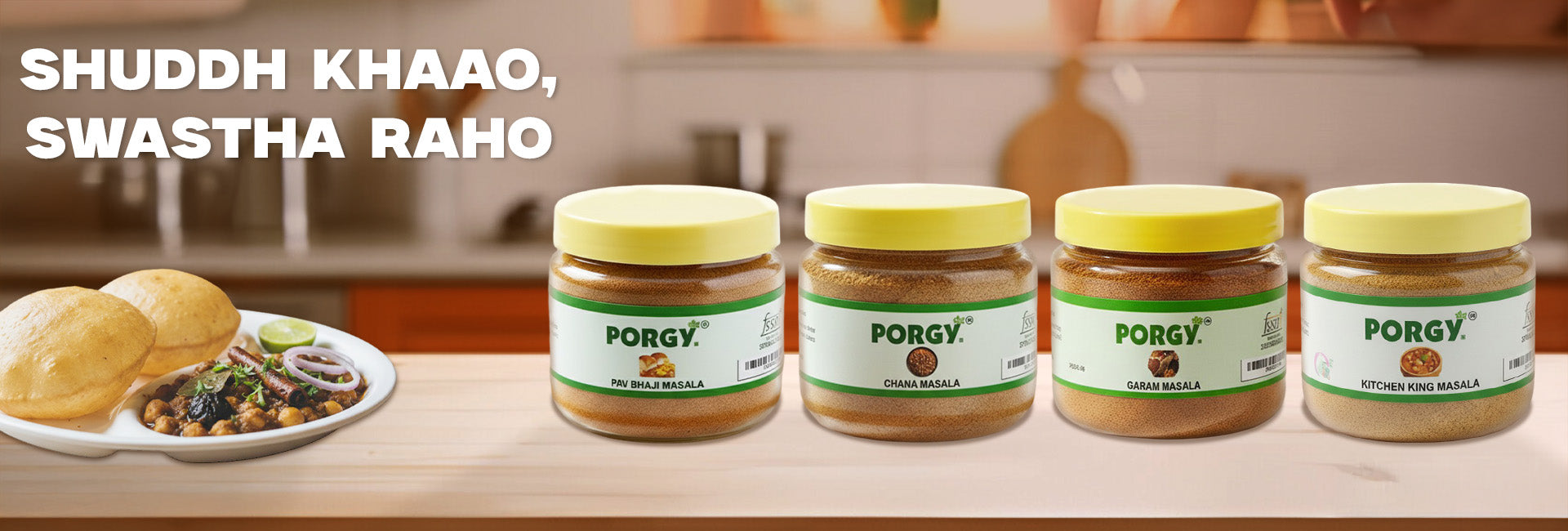 Four jars of Porgy peanut butter on a wooden surface with a plate of bread and spread.